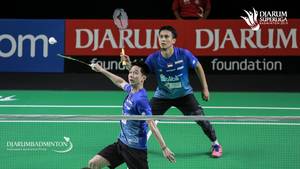 Kevin Sanjaya Sukamuljo saat berpasangan dengan Mohammad Ahsan pada ajang Djarum Superliga Badminton 2019.