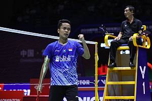 Selebrasi Anthony Sinisuka Ginting (Indonesia).