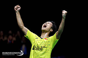 Selebrasi kemenangan Anthony Sinisuka Ginting.