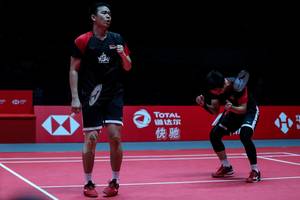 Selebrasi kemenangan Hendra Setiawan/Mohammad Ahsan (Indonesia).