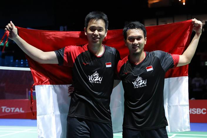 Hendra Setiawan/Mohammad Ahsan (Indonesia) saat menyabet gelar Juara Dunia 2019 lalu. Hendra Setiawan/Mohammad Ahsan (Indonesia) saat menyabet gelar Juara Dunia 2019 lalu.
