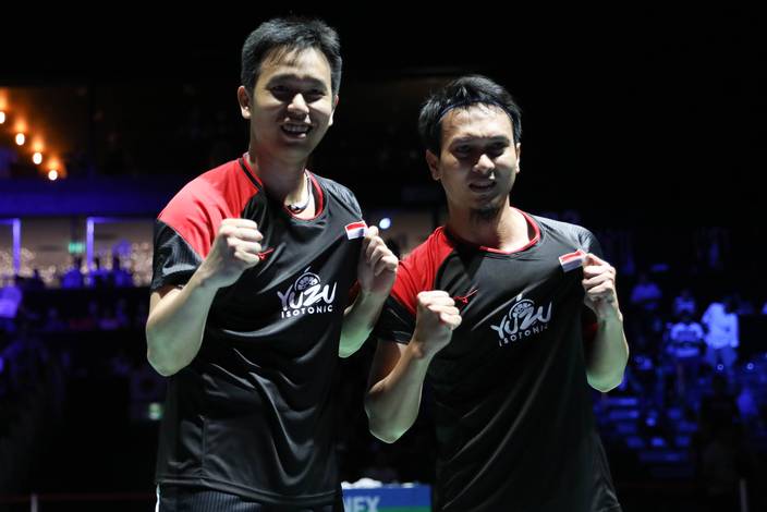 Selebrasi kemenangan Hendra Setiawan/Mohammad Ahsan (Indonesia).