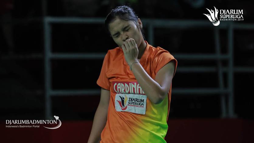 Ekspresi kekecewaan Gregoria Mariska Tunjung (Mutiara Cardinal). Ekspresi kekecewaan Gregoria Mariska Tunjung (Mutiara Cardinal).