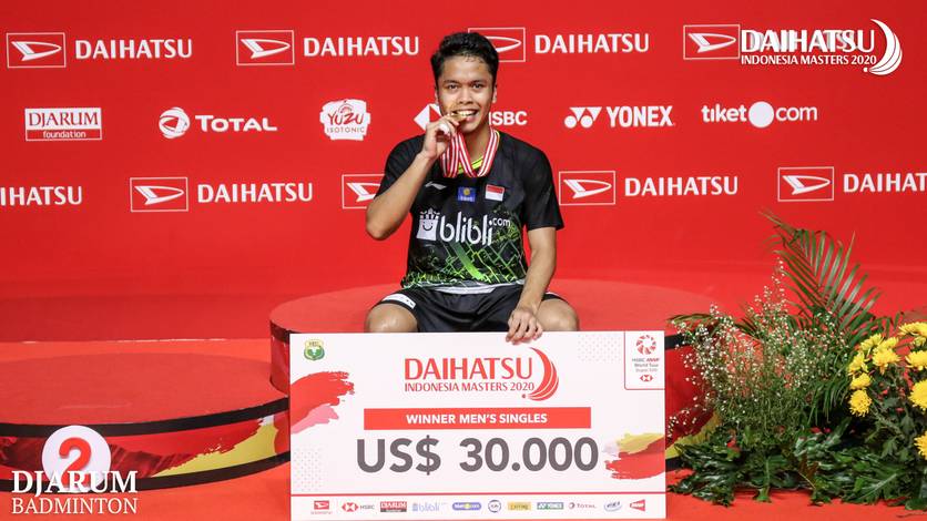 Tunggal putra Indonesia, Anthony Sinisuka Ginting saat menjuarai Daihatsu Indonesia Masters 2020 BWF World Tour Super 500. Tunggal putra Indonesia, Anthony Sinisuka Ginting saat menjuarai Daihatsu Indonesia Masters 2020 BWF World Tour Super 500.