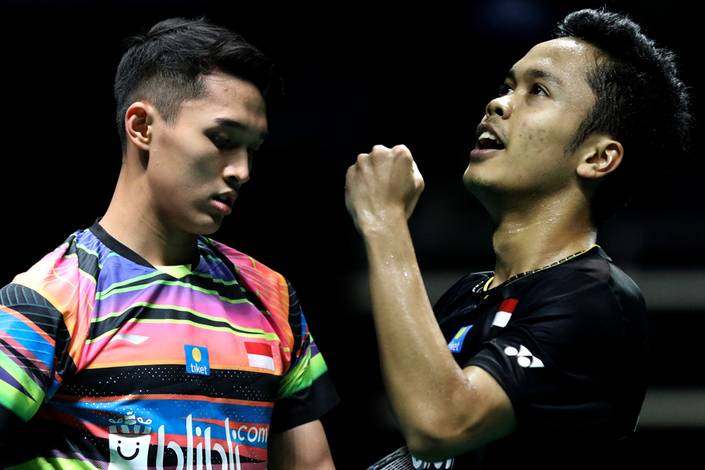 Jonatan Christie (kiri) akan berhadapan dengan Anthony Sinisuka Ginting di babak final Australian Open 2019 BWF World Tour Super 300. Jonatan Christie (kiri) akan berhadapan dengan Anthony Sinisuka Ginting di babak final Australian Open 2019 BWF World Tour Super 300.