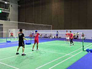 Sektor ganda putra saat menjalani sesi latihan hari kedua di kompleks Impact Arena, Bangkok, Thailand, Kamis (7/1). (Foto: PBSI)