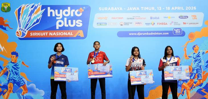Podium kategori Tunggal Remaja Putri pada HYDROPLUS Sirkuit Nasional A Jawa Timur (Djarum Badminton)