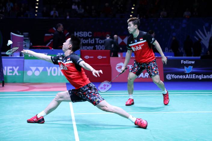 Kevin Sanjaya Sukamuljo/Marcus Fernaldi Gideon (Indonesia) mengembalikan shuttlecock. Kevin Sanjaya Sukamuljo/Marcus Fernaldi Gideon (Indonesia) mengembalikan shuttlecock.