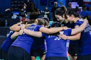 Selebrasi para pemain beregu putri Australia (Badminton Confederation Oceania)