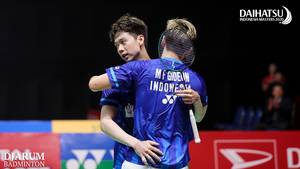 Kevin Sanjaya Sukamuljo/Marcus Fernaldi Gideon (Indonesia) saat tampil di ajang Daihatsu Indonesia Masters 2020 BWF World Tour Super 500, Januari lalu.