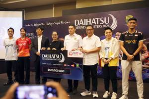 Sesi foto jumpa pers Indonesia Masters 2025 (Djarum Badminton/Haikal Musyaffa Tasdik)
