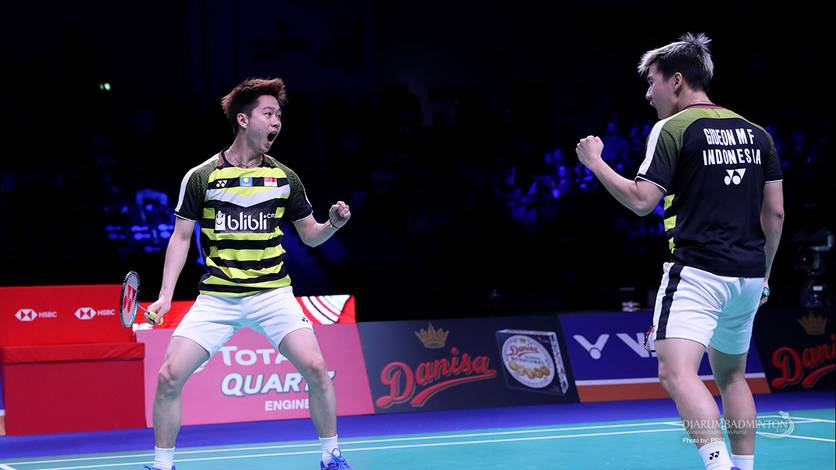 Selebrasi Kevin Sanjaya Sukamuljo/Marcus Fernaldi Gideon. Selebrasi Kevin Sanjaya Sukamuljo/Marcus Fernaldi Gideon.