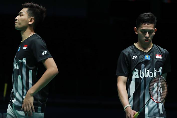 Ekspresi kekecewaan Fajar Alfian/Muhammad Rian Ardianto (Indonesia). Ekspresi kekecewaan Fajar Alfian/Muhammad Rian Ardianto (Indonesia).