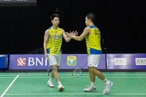Selebrasi Kevin Sanjaya Sukamuljo/Marcus Fernaldi Gideon (Indonesia). (Foto: PP PBSI)