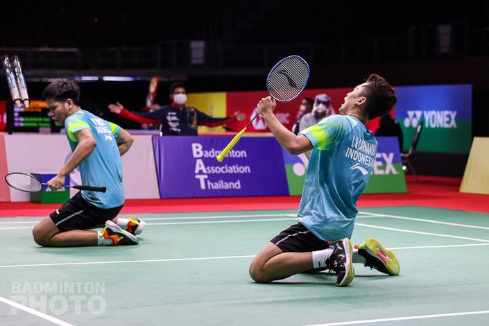 Selebrasi kemenangan ganda putra Indonesia, Daniel Marthin/Leo Rolly Carnando. (Copyright: Badmintonphoto | Courtesy of BWF) Selebrasi kemenangan ganda putra Indonesia, Daniel Marthin/Leo Rolly Carnando. (Copyright: Badmintonphoto | Courtesy of BWF)