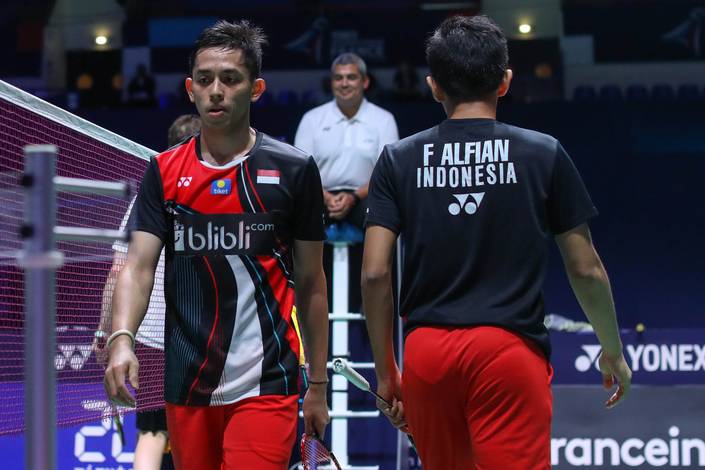 Ekspresi kekecewaan Fajar Alfian/Muhammad Rian Ardianto (Indonesia). Ekspresi kekecewaan Fajar Alfian/Muhammad Rian Ardianto (Indonesia).