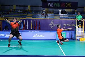 Selebrasi kemenangan Wahyu Nayaka Arya Pankaryanira/Ade Yusuf Santoso (Indonesia).