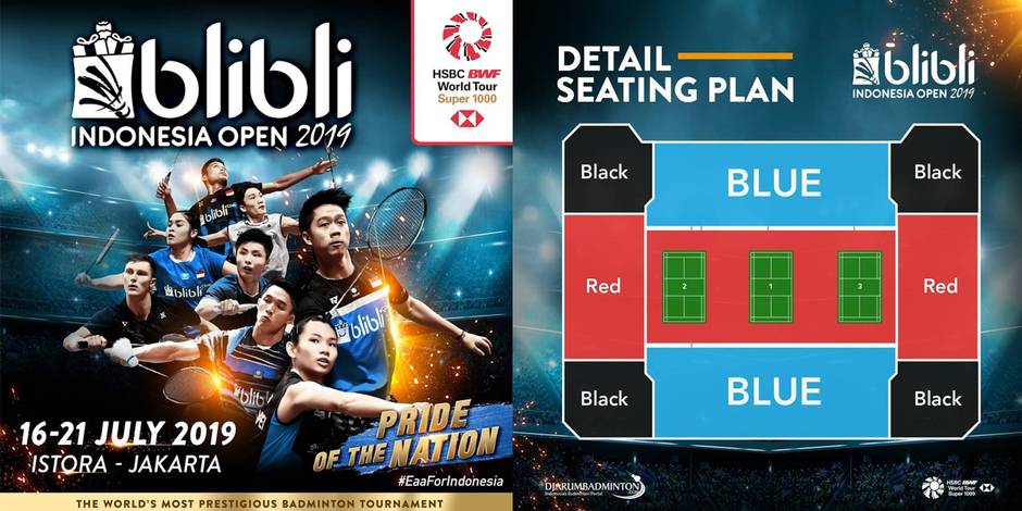 Informasi tempat duduk berdasarkan kategori tiket Blibli Indonesia Open 2019 BWF World Tour Super 1000. Informasi tempat duduk berdasarkan kategori tiket Blibli Indonesia Open 2019 BWF World Tour Super 1000.