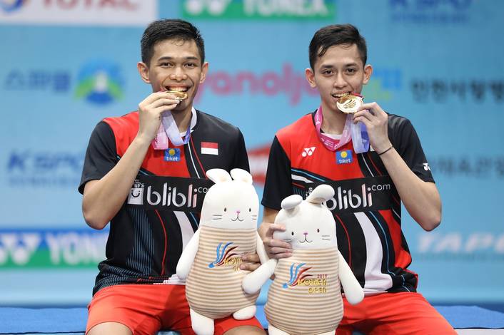 Ganda putra Indonesia, Fajar Alfian/Muhammad Rian Ardianto saat menjuari Korea Open 2019 BWF World Tour Super 500. (Foto: PP PBSI) Ganda putra Indonesia, Fajar Alfian/Muhammad Rian Ardianto saat menjuari Korea Open 2019 BWF World Tour Super 500. (Foto: PP PBSI)
