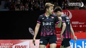 Selebrasi Kevin Sanjaya Sukamuljo/Marcus Fernaldi Gideon (Indonesia).