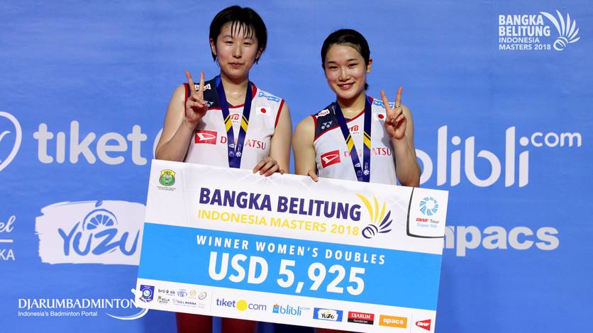 Ayako Sakuramoto/Yukiko Takahata juara ganda putri Bangka Belitung Indonesia Masters 2018 BWF Tour Super 100. Ayako Sakuramoto/Yukiko Takahata juara ganda putri Bangka Belitung Indonesia Masters 2018 BWF Tour Super 100.