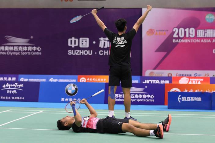 Selebrasi kemenangan Leo Rolly Carnando/Daniel Marthin (Indonesia). (Foto: PP PBSI) Selebrasi kemenangan Leo Rolly Carnando/Daniel Marthin (Indonesia). (Foto: PP PBSI)
