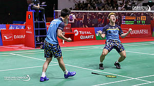 Selebrasi kemenangan Kevin Sanjaya Sukamuljo/Marcus Fernaldi Gideon.
